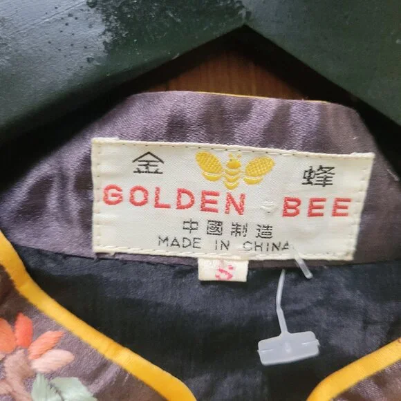 Vintage Silk Golden Bee Chinese Robe, sz S-L - Picture 5 of 16